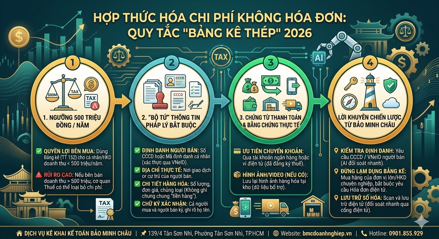 HỢP THỨC HÓA CHI PHÍ KHÔNG HÓA ĐƠN: QUY TẮC "BẢNG KÊ THÉP" 2026