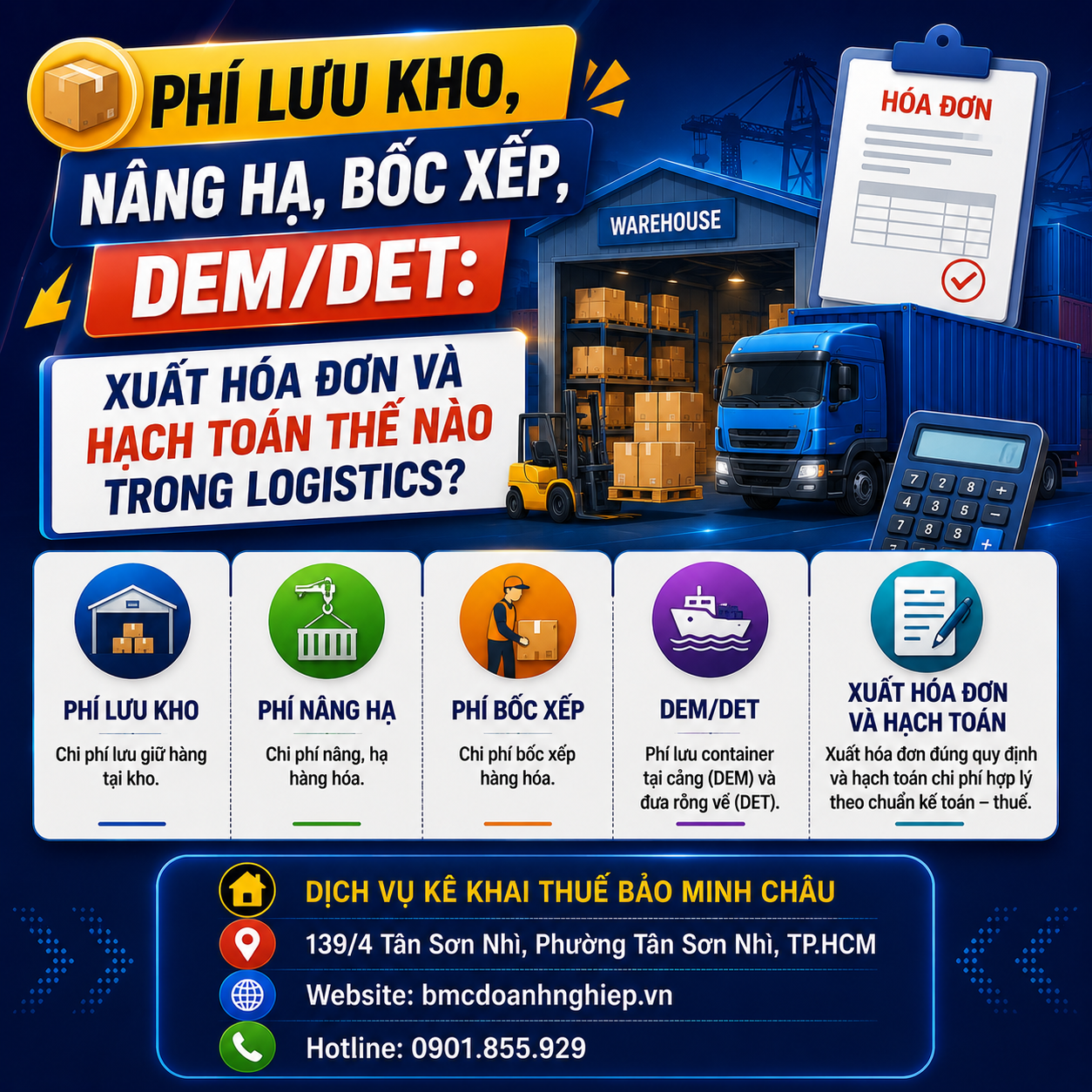 📦 PHÍ LƯU KHO, NÂNG HẠ, BỐC XẾP, DEM/DET: XUẤT HÓA ĐƠN VÀ HẠCH TOÁN THẾ NÀO TRONG LOGISTICS?