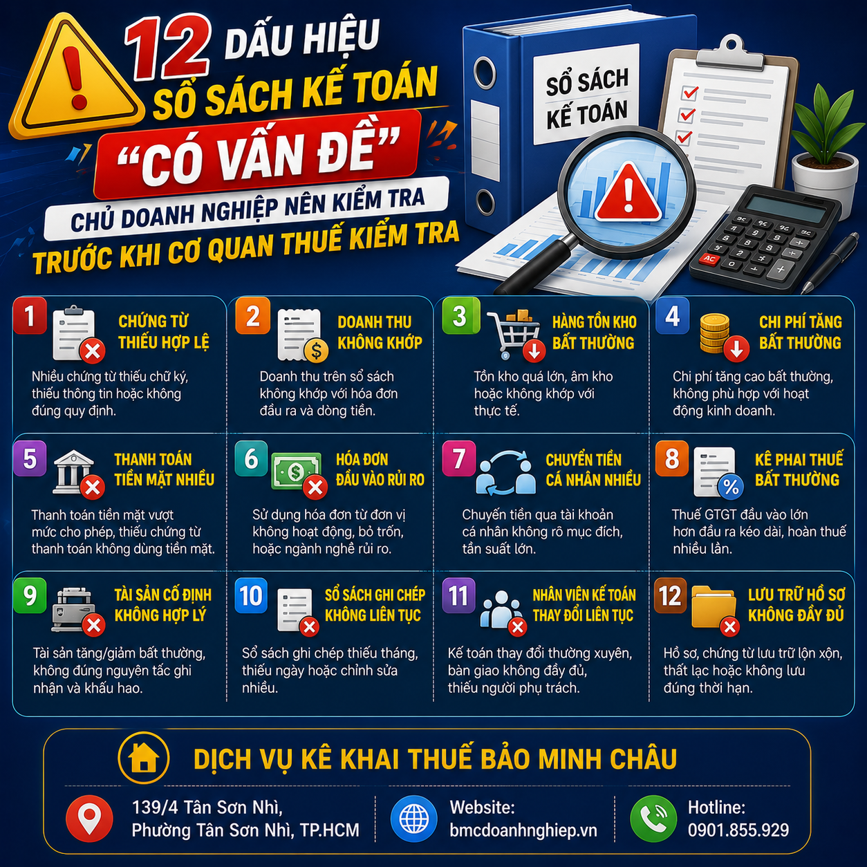 ⚠️ 12 DẤU HIỆU SỔ SÁCH KẾ TOÁN “CÓ VẤN ĐỀ” MÀ CHỦ DOANH NGHIỆP NÊN KIỂM TRA TRƯỚC KHI CƠ QUAN THUẾ KIỂM TRA