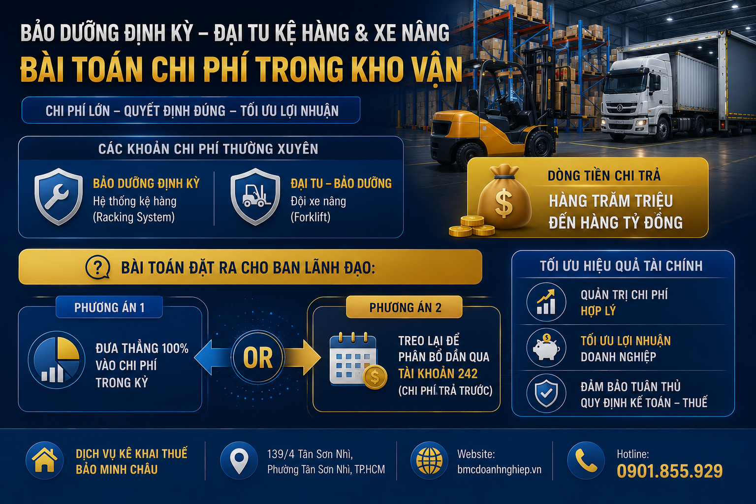 BÀI TOÁN CHI PHÍ TRONG KHO VẬN CHO BẢO DƯỠNG, SỮA CHỮA KỆ HÀNG, XE NĂNG?